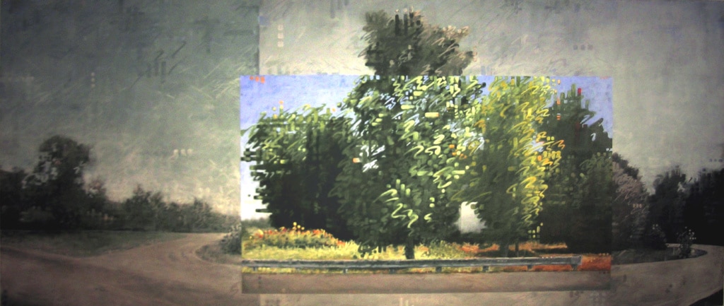 A muddy looking painting of trees along a rural road.